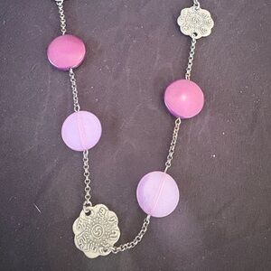 Long Boho Necklace Purple Pink Beads Silver Tone Coin Accents Gypsy Festival